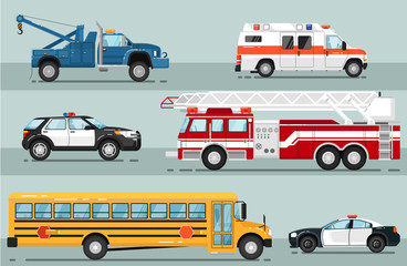 City emergency transport isolated set. Ambulance car, tow truck, school bus, police car, fire truck vector illustration. Service auto vehicle, urban social car, roadside assistance transport.