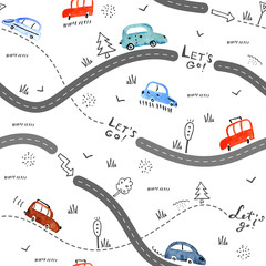 Seamless vector pattern with small cars and road signs on white background