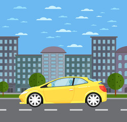 Modern universal car in urban landscape. Comfortable family auto vehicle, people transportation concept. City street road traffic vector illustration, cityscape background with skyscrapers.