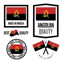 Angola quality isolated label set for goods. Exporting stamp with angolan flag, nation manufacturer certificate element, country product vector emblem. Made in Angola badge collection.