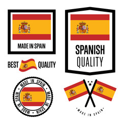 Spain quality isolated label set for goods. Exporting stamp with spanish flag, nation manufacturer certificate element, country product vector emblem. Made in Spain badge collection.