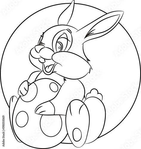 "Easter bunny holding an egg. Coloring page. The character is drawn in