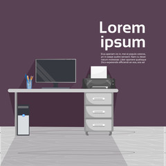 Office Desk With Computer And Printer Workplace Background Flat Vector Illustration