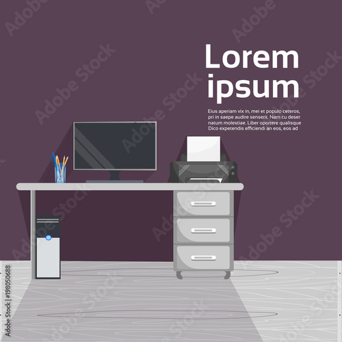 Office Desk With Computer And Printer Workplace Background Flat Office Desk With Computer And Printer Workplace Background Flat Vector Ilration