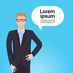 Business Man In Elegant Suit Over Copy Space Background Flat Vector Illustration