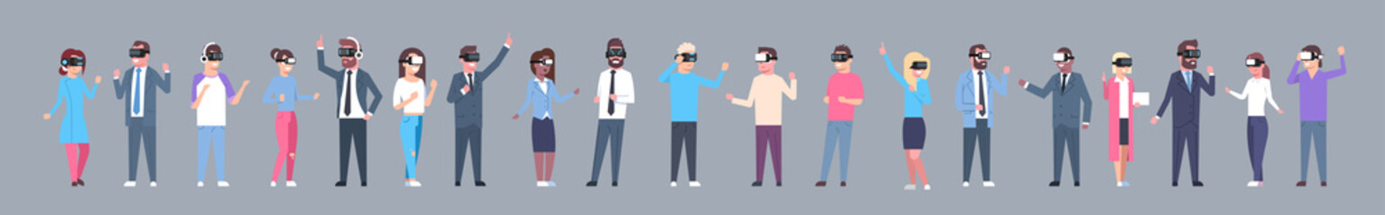 Set Of Business People Wearing Modern Virtual Reality Glasses 3d Headset Technology Concept Horizontal Banner Flat Vector Illustration