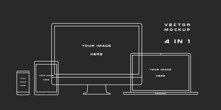 Outline computer monitor, laptop, tablet, smartphone isolated on black background. Can use for template presentation, web design and ui kits. White electronic gadget, device mockup. Vector