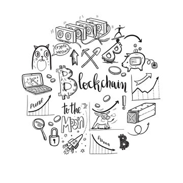 Crypto-currency doodle round illustration
