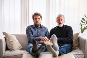 Hipster son and his senior father with laptop at home.