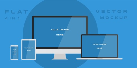 Flat computer monitor, laptop, tablet, smartphone isolated on blue background. Can use for template presentation, web design and ui kits. White electronic gadget, device mockup. Vector illustration