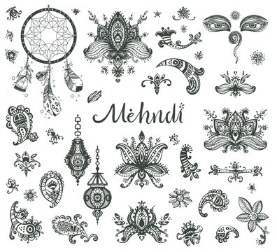 Vector hand drawn set of henna floral lotos elements, eyes and l
