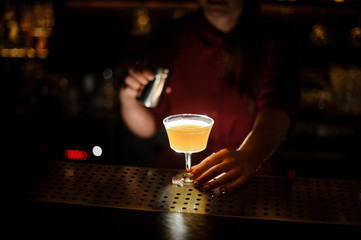 Female bartender serving a delicious fresh cocktail