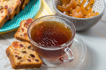cup of tea with dried fruit cake