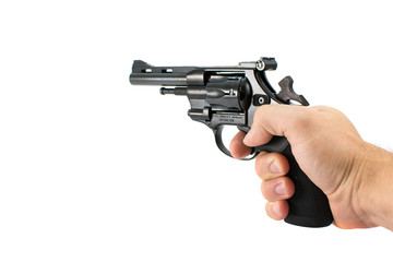 Man's hand holding revolver gun, isolated on white background.