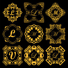 Set of vintage monograms frames with beautiful filigree ornamental frame, decorative ornate vintage borders, retro elements. Vector illustration. Template for design