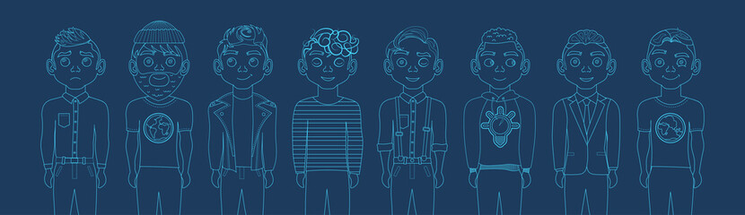 Group Of Male Silhouettes Outlines On Blue Backgroud With Copy Space Thin Line Horizontal Banner Vector Illustration
