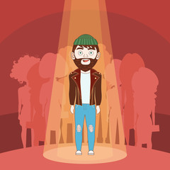 Gifted Hipster Man Standing In Spotlight Over Silhouette People Background Flat Vector Illustration
