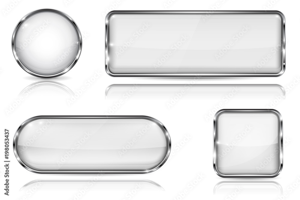 Wall mural white glass buttons with chrome frame. set of blank shiny 3d web icons