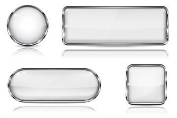 White glass buttons with chrome frame. Set of blank shiny 3d web icons