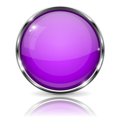 Violet button with chrome frame. Round glass shiny 3d icon