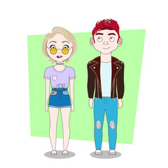 Young Man And Woman Hipsters In Trendy Clothes Full Length Vector Illustration