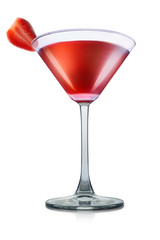Cosmopolitan cocktail in martini glass with strawberry on white background with clipping path