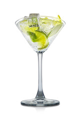Mojito cocktail in martini glass with mint and ice cubes on white background. Clipping path
