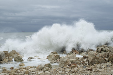 Stormy sea and chashing waves on rocks, Black Sea, Bulgaria