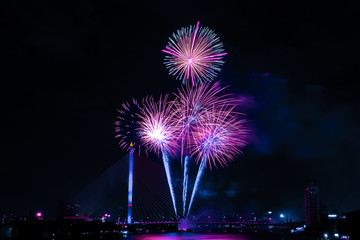 Beautiful colorful firework display for celebration happy new year and merry christmas in the night sky, bangkok city, thailand