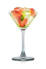 Mojito cocktail in martini glass with mint, strawberry and ice cubes on white background. Clipping path