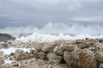 Stormy sea and chashing waves on rocks, Black Sea, Bulgaria