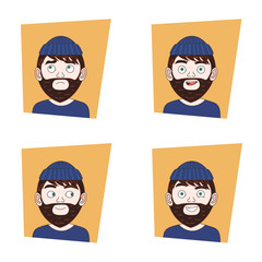Set Of Young Bearded Man Facial Expressions Collection Of Hipster Guy Different Emotions Icons Vector Illustration