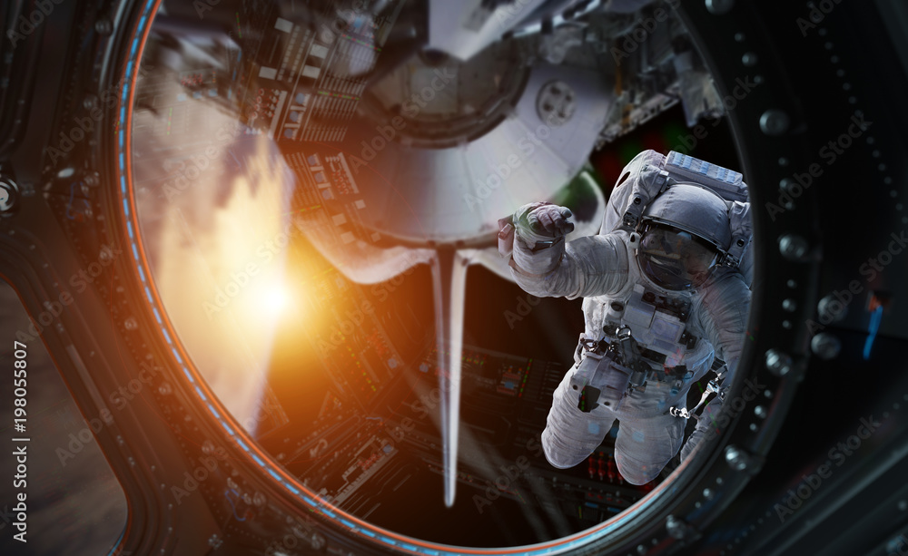 Poster astronaut working on a space station 3d rendering elements of this image furnished by nasa