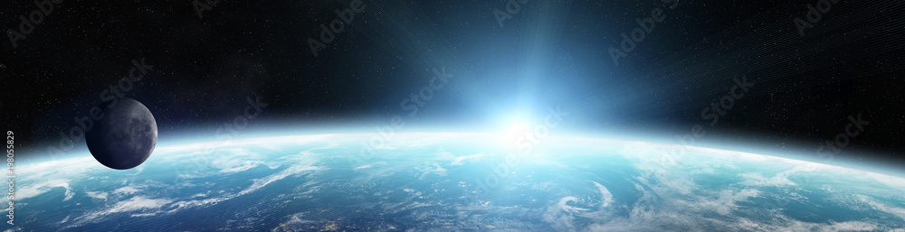 Poster panorama of distant planet system in space 3d rendering elements of this image furnished by nasa