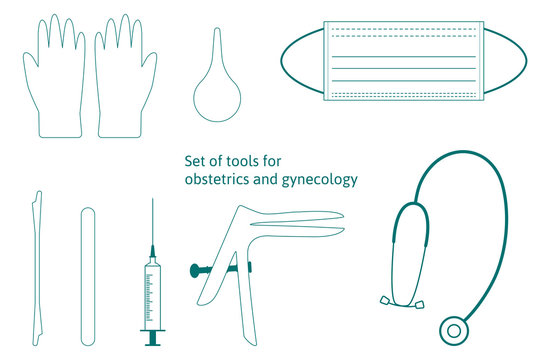 Vector set of instruments for for obstetrics and gynecology. Vaginal speculum, syringe, medicine gloves, mask, spatula, stethoscope. Medical tools for medical investigation. Feminine health diagnosis.