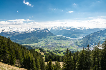 View on amazing snowy swiss Alps as seen from Hochstuckli peak
