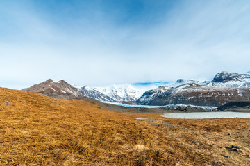 Mountains, valleys, lake and meadow in Iceland