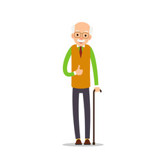 Old man. Elderly man in pullover and tie and rests on stick. Cartoon illustration isolated on white background in flat style. Full length portrait of old human, senior or grandfather