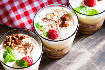 Dessert with berries, jelly, cream, nuts and mint leaf 