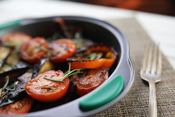 Vegetables grilled pan fried eggplant and tomatoes