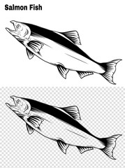 Salmon art highly detailed in line art style.Fish vector by hand drawing.Fish tattoo on white background.Black and white fish vector on white background.Salmon fish sketch for coloring book.