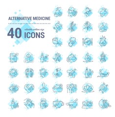 Vector graphic set. Editable outline stroke size. Icons in flat, contour, thin and linear design. Alternative medicine. Simple isolated icons. Concept illustration. Sign, symbol, element.