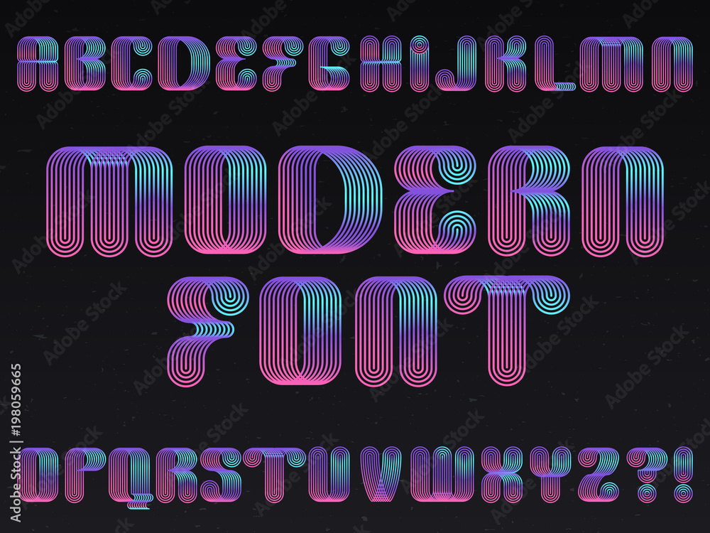 Sticker Modern neon lamp letters vector linear striped alphabet. Futuristic glowing font