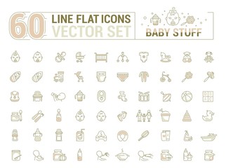 Vector graphic set. Icons in flat, contour, thin, minimal and linear design. Child life accessories. Baby care. Concept illustration for Web site, app. Sign, symbol, element, silhouette.