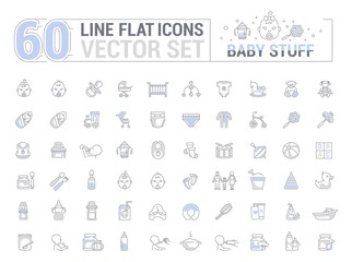 Vector graphic set. Icons in flat, contour, thin, minimal and linear design. Child life accessories. Baby care. Concept illustration for Web site, app. Sign, symbol, element, silhouette.