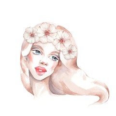 Girl in wreath. Romantic watercolor illustration. Female face 