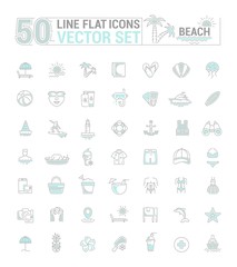Vector graphic set. Icons in flat, contour, thin, minimal and linear design. Beach season. Beach theme. Simple isolated icons. Concept of web site and app. Sign, symbol, element.