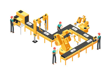 Automated production line, factory conveyor with workers and robotic arms isometric industrial vector concept