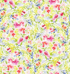 Seamless summer pattern with watercolor flowers handmade.