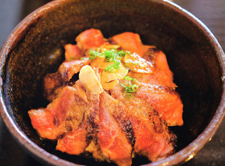 roasted wagyu beef with rice and onsen egg